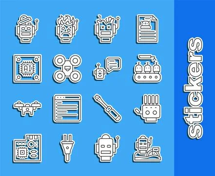 Set line Robot humanoid driving a car, Mechanical robot hand, Industrial prod Stock Illustration