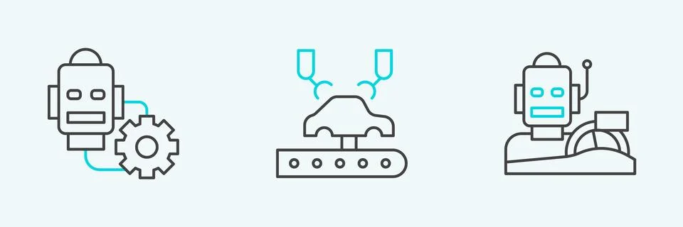 Set line Robot humanoid driving a car, setting and Robotic robot arm on fac.. 스톡 일러스트