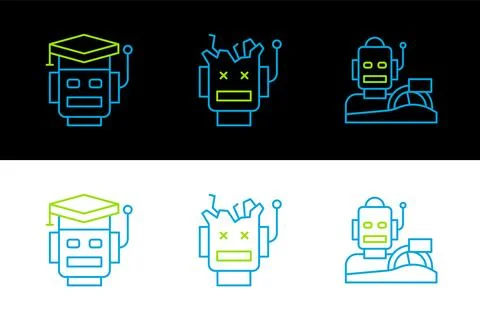 Set line Robot humanoid driving a car,  and Broken robot icon. Vector Stock Illustration