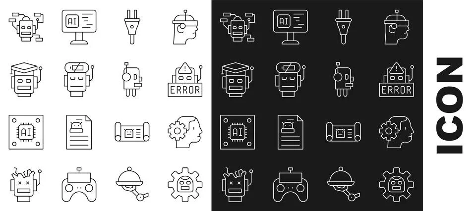 Set line Robot, Humanoid robot, Error in, Electric plug, low battery charge, and Stock-Illustration