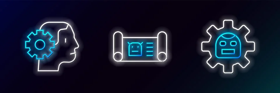 Set line Robot, Humanoid robot and blueprint icon. Glowing neon. Vector 스톡 일러스트