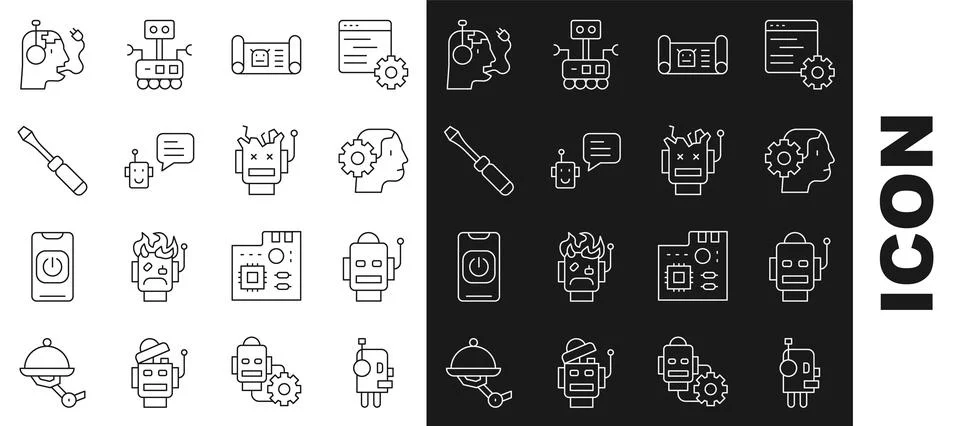 Set line Robot, Humanoid robot, blueprint, Bot, Screwdriver, charging batte.. Stock Illustration