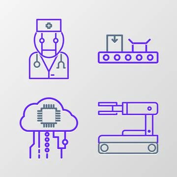 Set line Robot, Internet of things, Conveyor belt with cardboard box and doctor イラスト素材