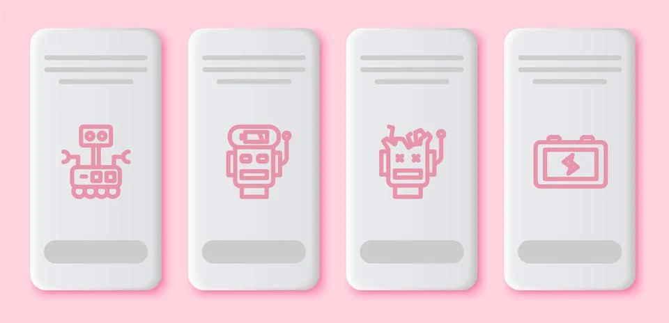 Set line Robot, low battery charge, Broken robot and Battery. White rectangle Ilustración de archivo