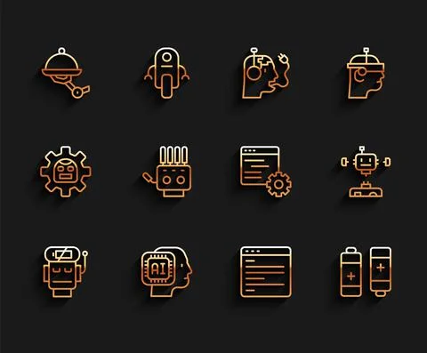 Set line Robot low battery charge, Humanoid robot, Waiter, Computer api Illustrazione stock