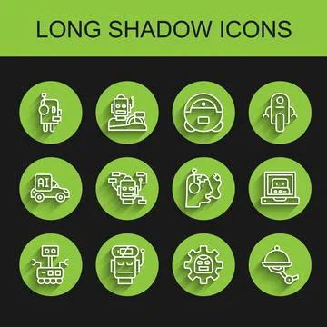 Set line Robot, low battery charge, Waiter robot, Creating and charging icon Stock Illustration