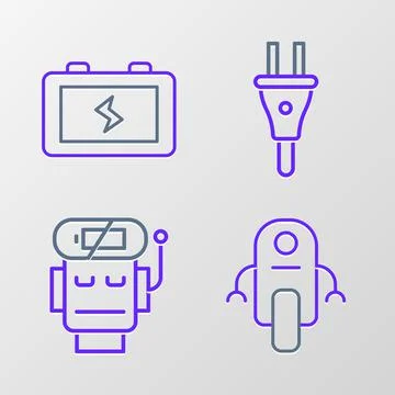 Set line Robot, low battery charge, Electric plug and Battery icon. Vector 库存插图