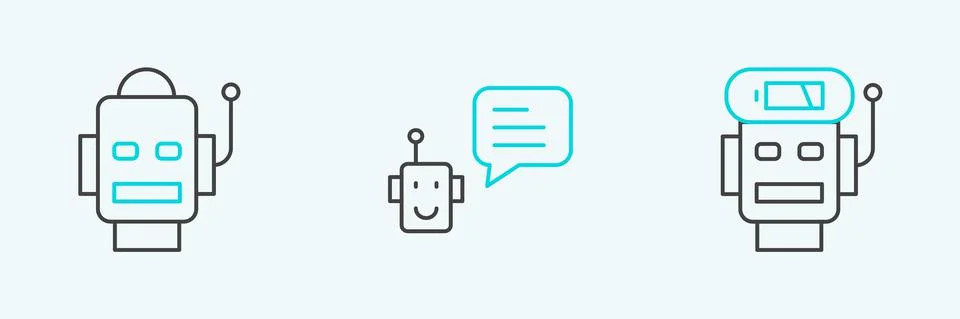 Set line Robot low battery charge, and Bot icon. Vector Stock Illustration