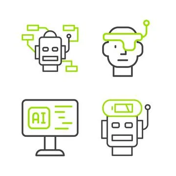Set line Robot low battery charge, Software, Smart glasses and icon. Vector Stock Illustration