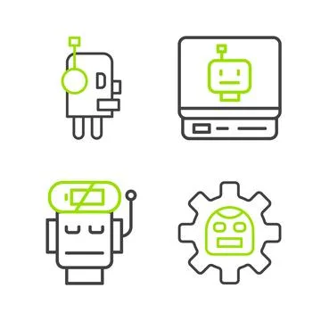 Set line Robot, low battery charge, and icon. Vector Stock Illustration