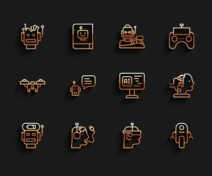 Set line Robot low battery charge, charging, Broken robot, Smart glasses, Bot Stock Illustration