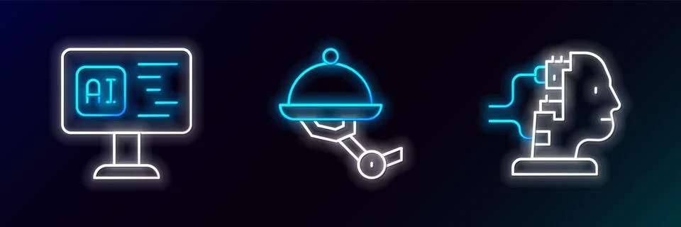 Set line Robot for maintenance, Software and Waiter robot icon. Glowing neon. Stock Illustration