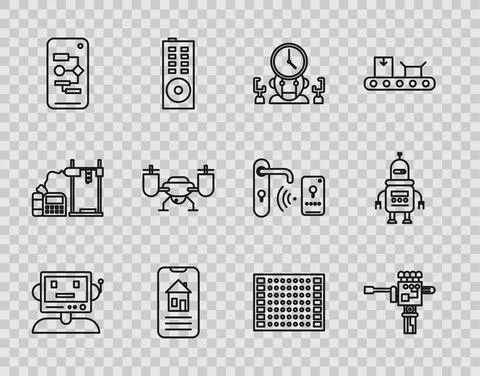Set line Robot, Mechanical robot hand and screwdriver, digital time manager Stock Illustration