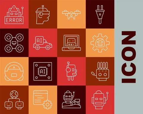 Set line Robot, Mechanical robot hand, Drone, Autonomous smart car, Error in and Stock Illustration