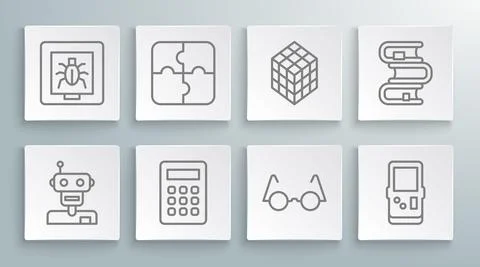 Set line Robot, Piece of puzzle, Calculator, Eyeglasses, Tetris, Rubik cube Illustrazione stock