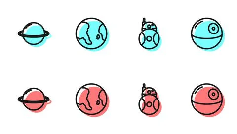 Set line Robot, Planet Saturn, Earth globe and Death star icon. Vector Stock Illustration
