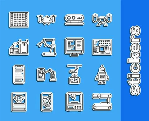 Set line Robot, Printed circuit board PCB, 3d scanning system, Industrial Stock Illustration