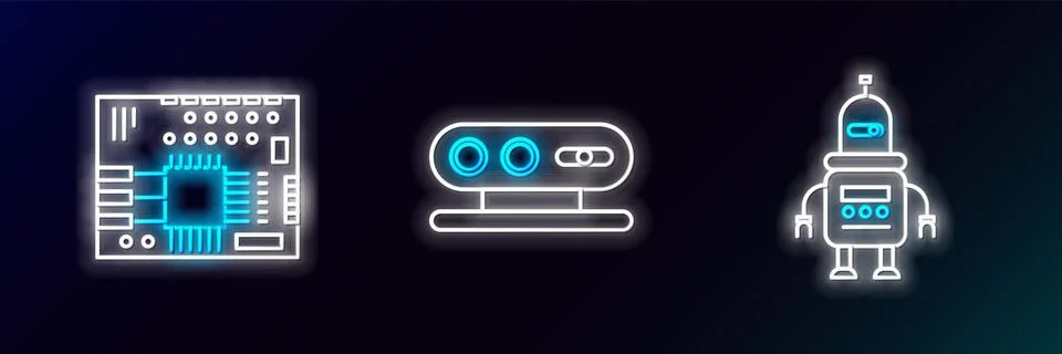 Set line Robot, Printed circuit board PCB and 3d scanning system icon. Glowing Stock Illustration