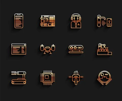 Set line Robot, Processor with microcircuits CPU, Computer api interface, vacuum 스톡 일러스트