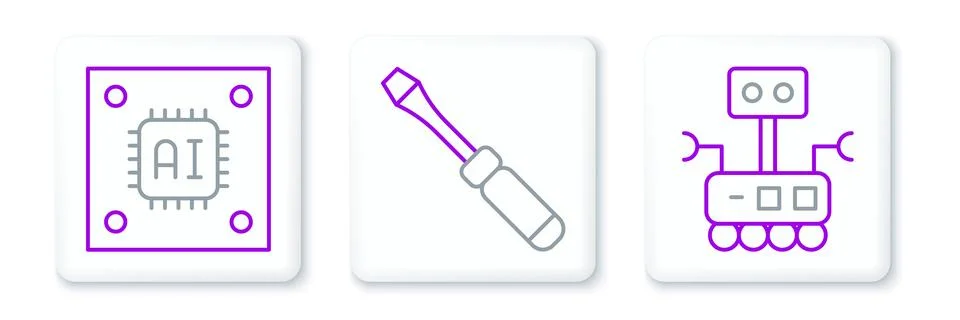 Set line Robot, Processor with microcircuits CPU and Screwdriver icon. Vector Stock Illustration