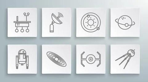 Set line Robot, Radar, Planet, Cosmic ship, Satellite, Solar system, and Mars Stock Illustration