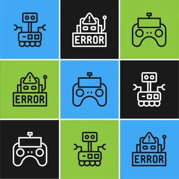Set line Robot, Remote control and Error in robot icon. Vector Stock Illustration