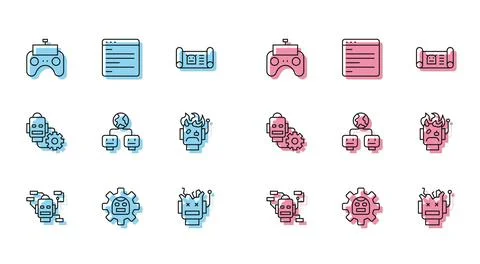 Set line Robot, Remote control, Broken robot, Artificial intelligence, burned Stock Illustration