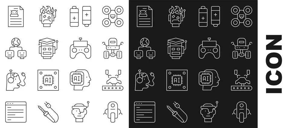 Set line Robot, Robotic robot arm on factory, Mars rover, Battery, Artificial Stock Illustration