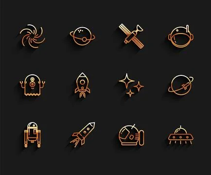 Set line Robot, Rocket ship with fire, Black hole, Astronaut helmet, UFO flying 스톡 일러스트