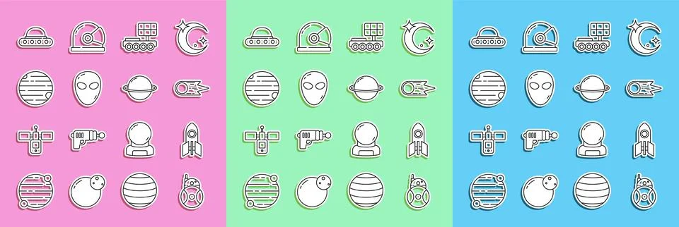 Set line Robot, Rocket ship, Comet falling down fast, Mars rover, Alien, Pl.. 库存插图