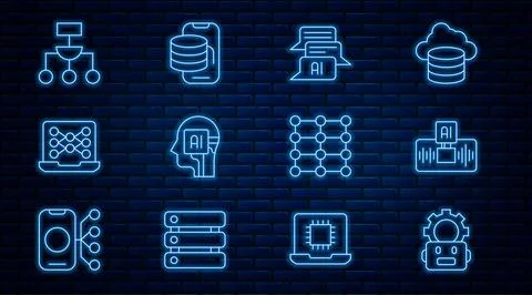 Set line Robot setting, Artificial intelligence AI, Chat, Humanoid robot, Neural 스톡 일러스트