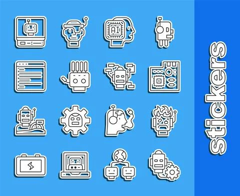Set line Robot setting, burned out, Motherboard digital chip, Humanoid robot Stock Illustration