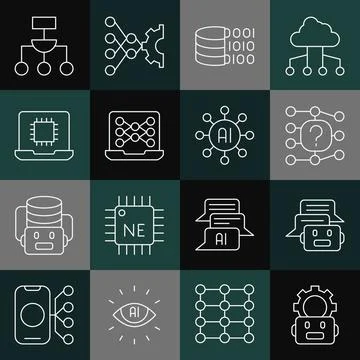 Set line Robot setting, Chat, Neural network, Binary code, Processor CPU, A.. Stock Illustration