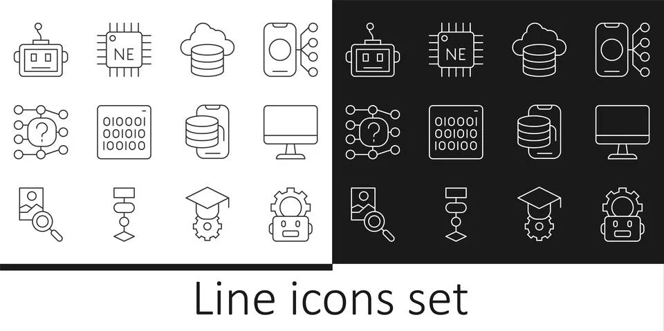 Set line Robot setting, Computer monitor, Cloud database, Binary code, Neural Stock Illustration