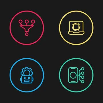 Set line Robot setting, Neural network, Processor CPU and Funnel filter ico.. 库存插图