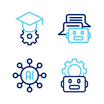 Set line Robot setting, Neural network, Chat and Graduation cap icon. Vector Stock Illustration