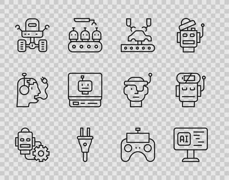 Set line Robot setting, Software, Robotic robot arm on factory, Electric plug Stock Illustration