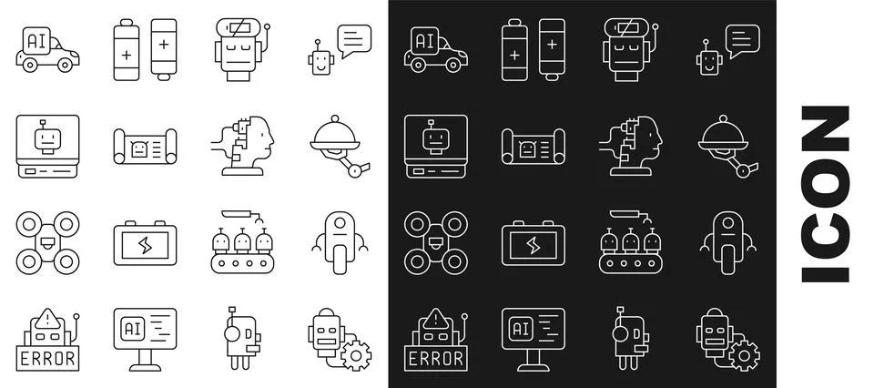 Set line Robot setting, Waiter robot, low battery charge, blueprint, Autonomous Ilustración de archivo