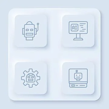 Set line Robot, Software, and . White square button. Vector Stockillustratie