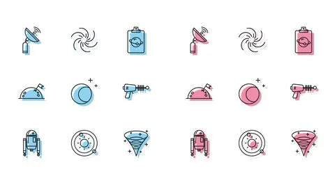 Set line Robot, Solar system, Radar, Black hole, Moon and stars, Ray gun, Planet Ilustração Stock