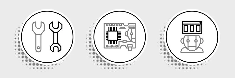 Set line Robot, Spanner and Printed circuit board PCB icon. Vector Illustrazione stock