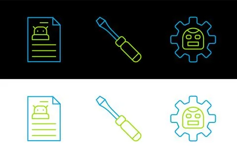 Set line Robot, Technical specification and Screwdriver icon. Vector Stock Illustration