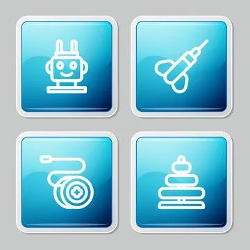 Set line Robot toy, Dart arrow, Yoyo and Pyramid icon. Vector Stock Illustration