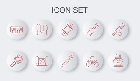 Set line Robot toy, Rattle baby, Skateboard, Gamepad, Music synthesizer, Ju.. Stock Illustration