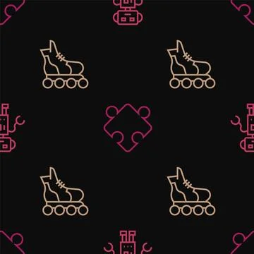 Set line Robot toy, Roller skate and Puzzle pieces on seamless pattern. Vecto Illustrazione stock