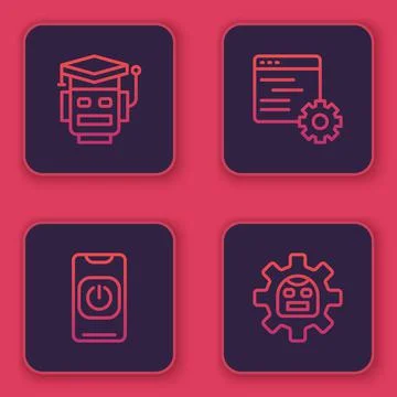 Set line Robot, Turn off robot from phone, Computer api interface and . Blue 스톡 일러스트