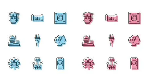 Set line Robot, Turn off robot from phone, Electric plug, Humanoid, humanoid  스톡 일러스트