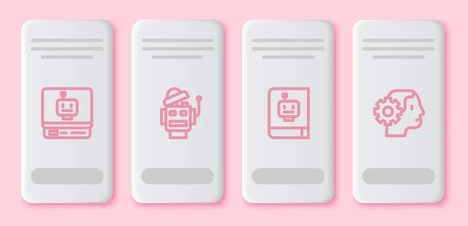 Set line Robot, , User manual and Humanoid robot. White rectangle button. Vector Stock Illustration