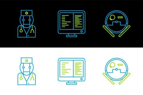 Set line Robot vacuum cleaner, doctor and Computer monitor screen icon. Vecto Illustrazione stock