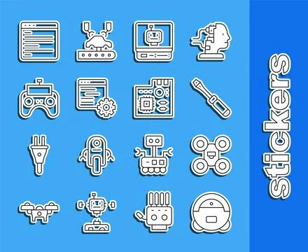 Set line Robot vacuum cleaner, Drone, Screwdriver, Computer api interface Stock Illustration